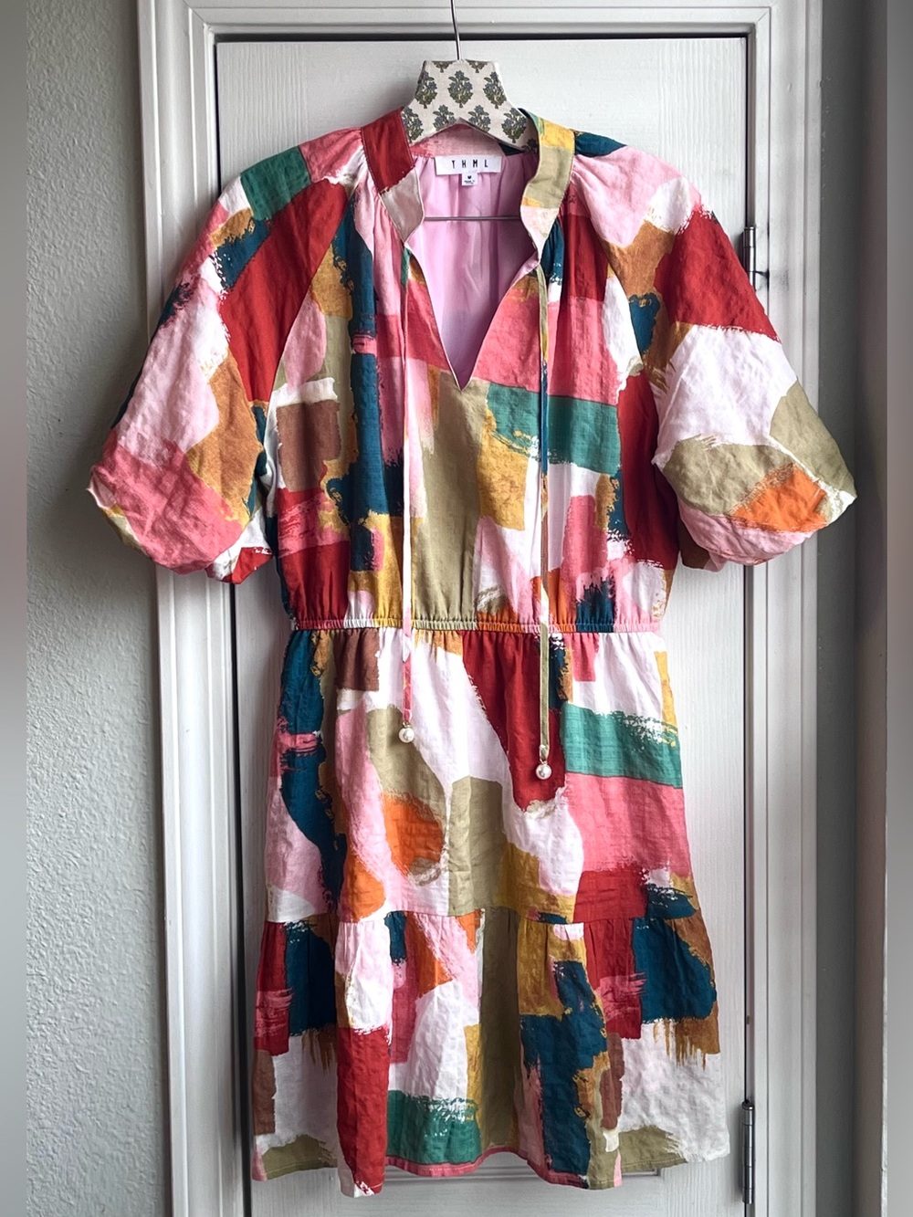 THML Abstract Brushstroke Colorblock Mini Boho Dress Puff Sleeve Women’s Size M